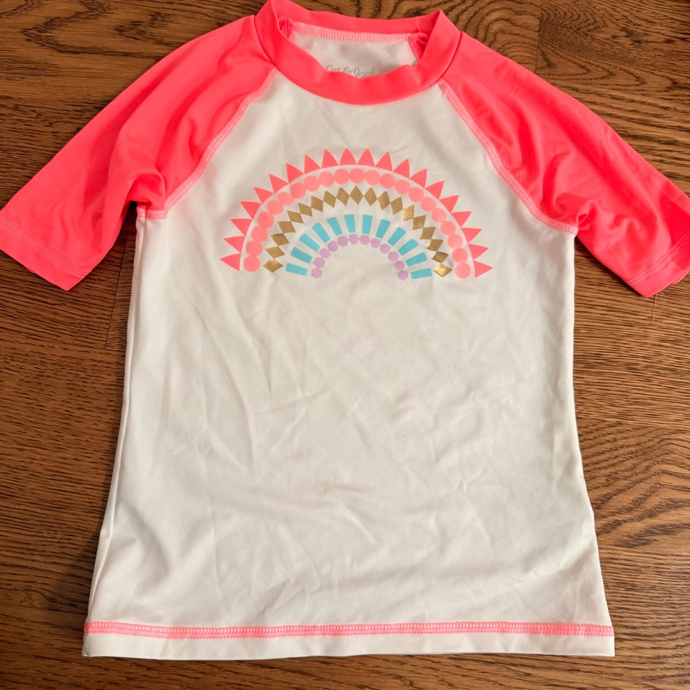 Girls Coral Sleeve Rash Guard with Rainbow Graphic small size 6
